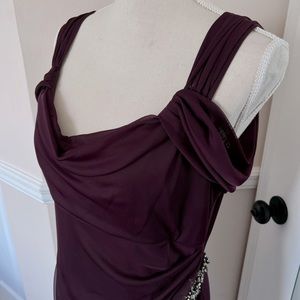 ALEX EVENINGS Cold-Shoulder Draped Gown, Aubergine, Size 10